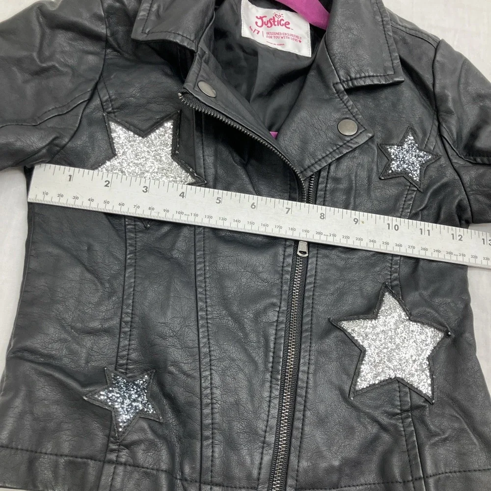 Justice Girls Jacket Size 6/7 pleather motto Black With Silver Stars Zip Up